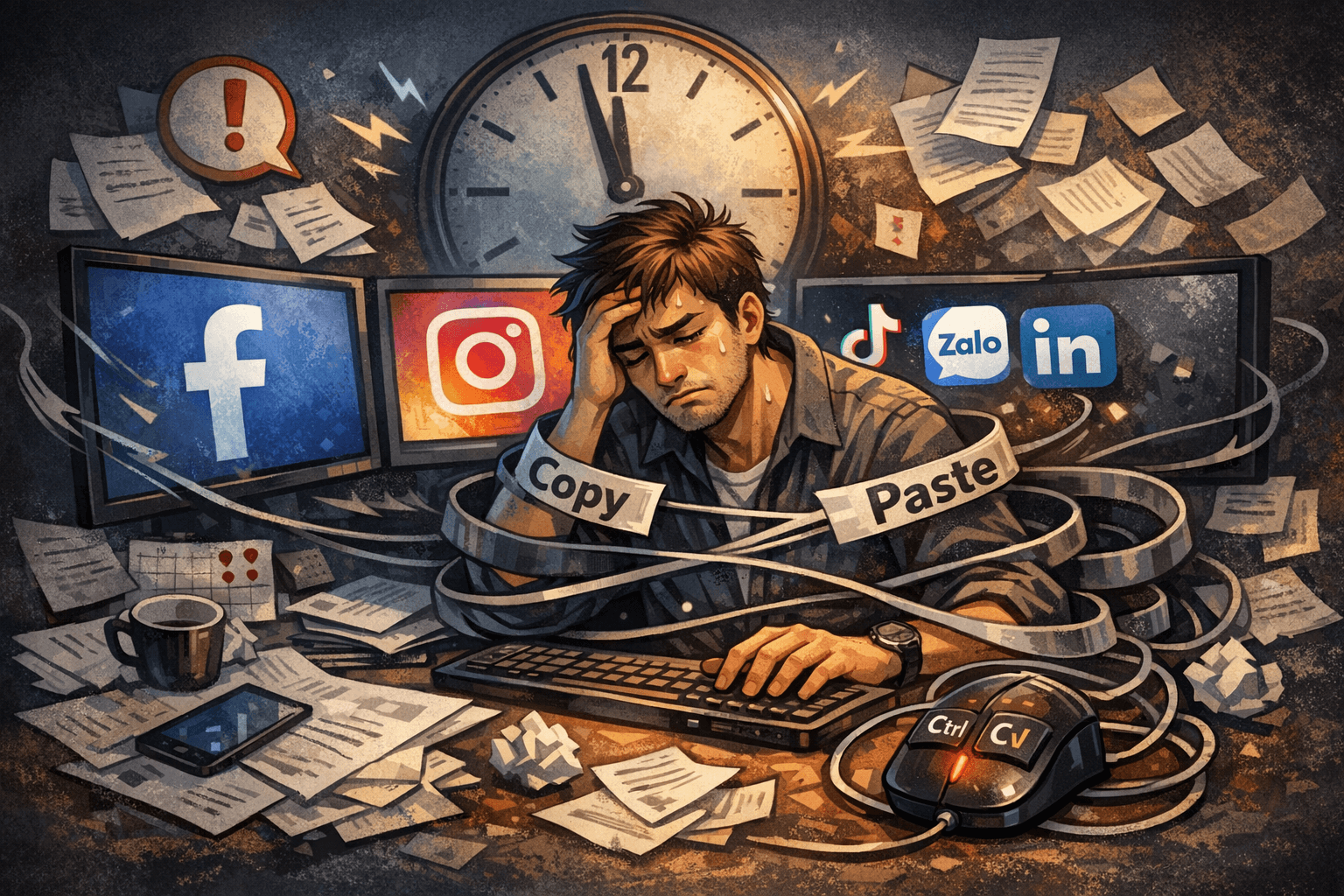 Minh họa quy trình đăng bài đa kênh thủ công với nhiều tab trình duyệt